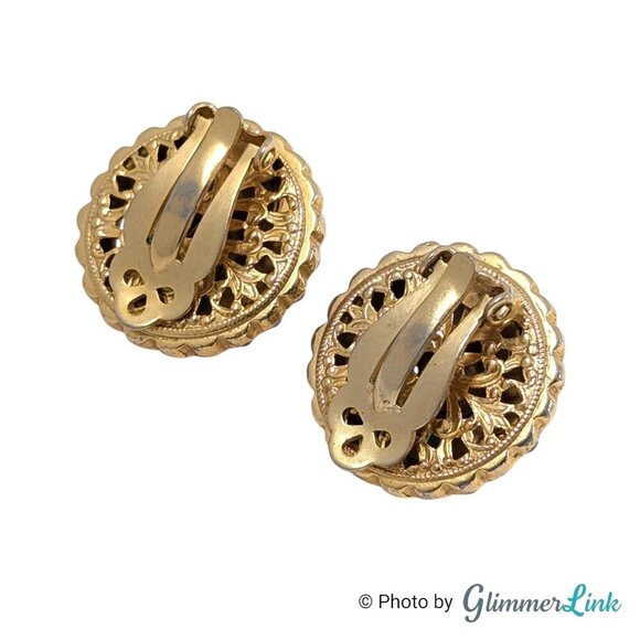 Vintage Pink Rhinestone Blue Cabochon Round Gold Tone Clip On Earrings - Picture 6 of 11